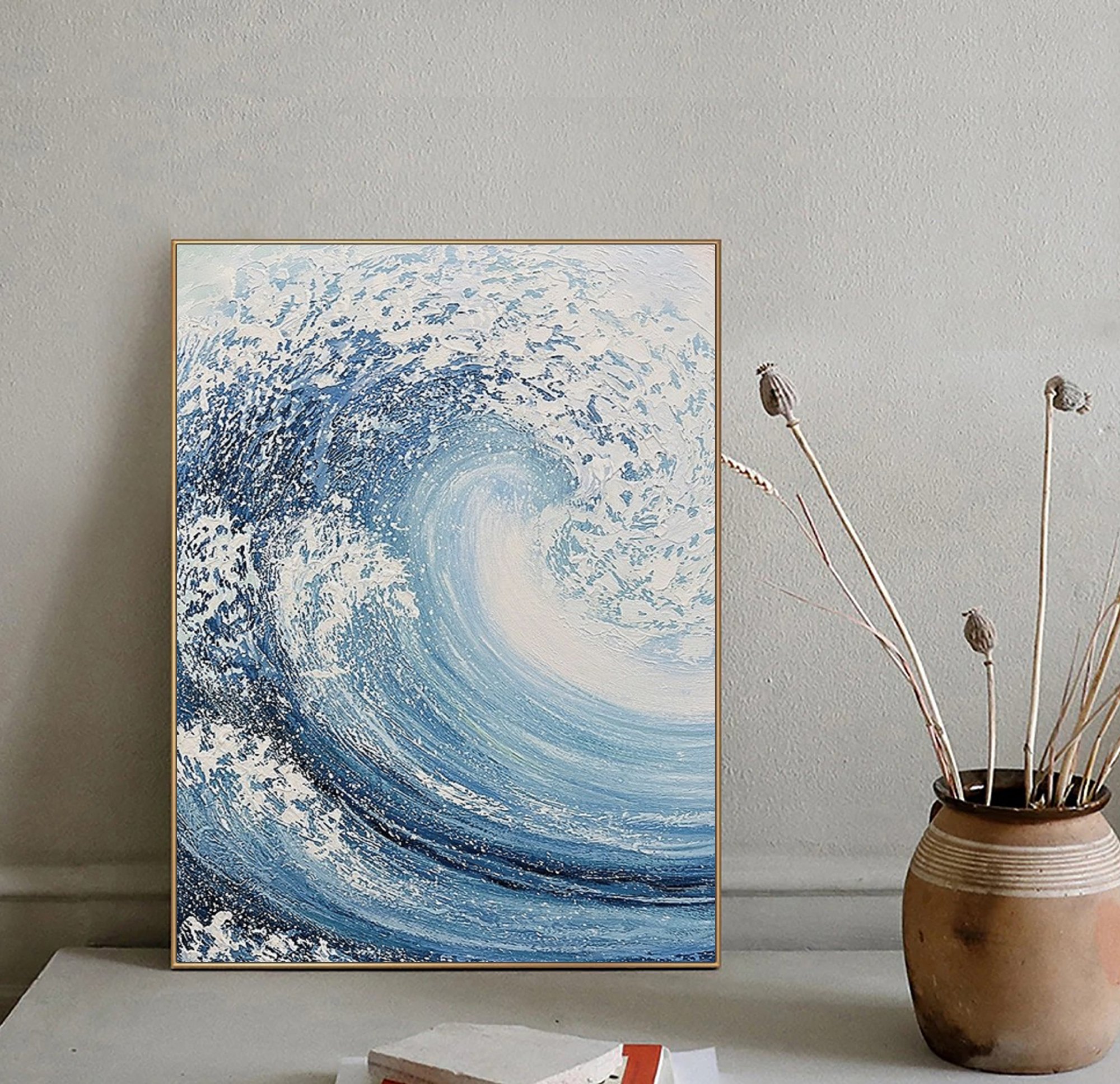 Large ocean wave textured painting,white ocean wave painting,ocean wave abstract painting,blue ocean painting,ocean wave landscape painting