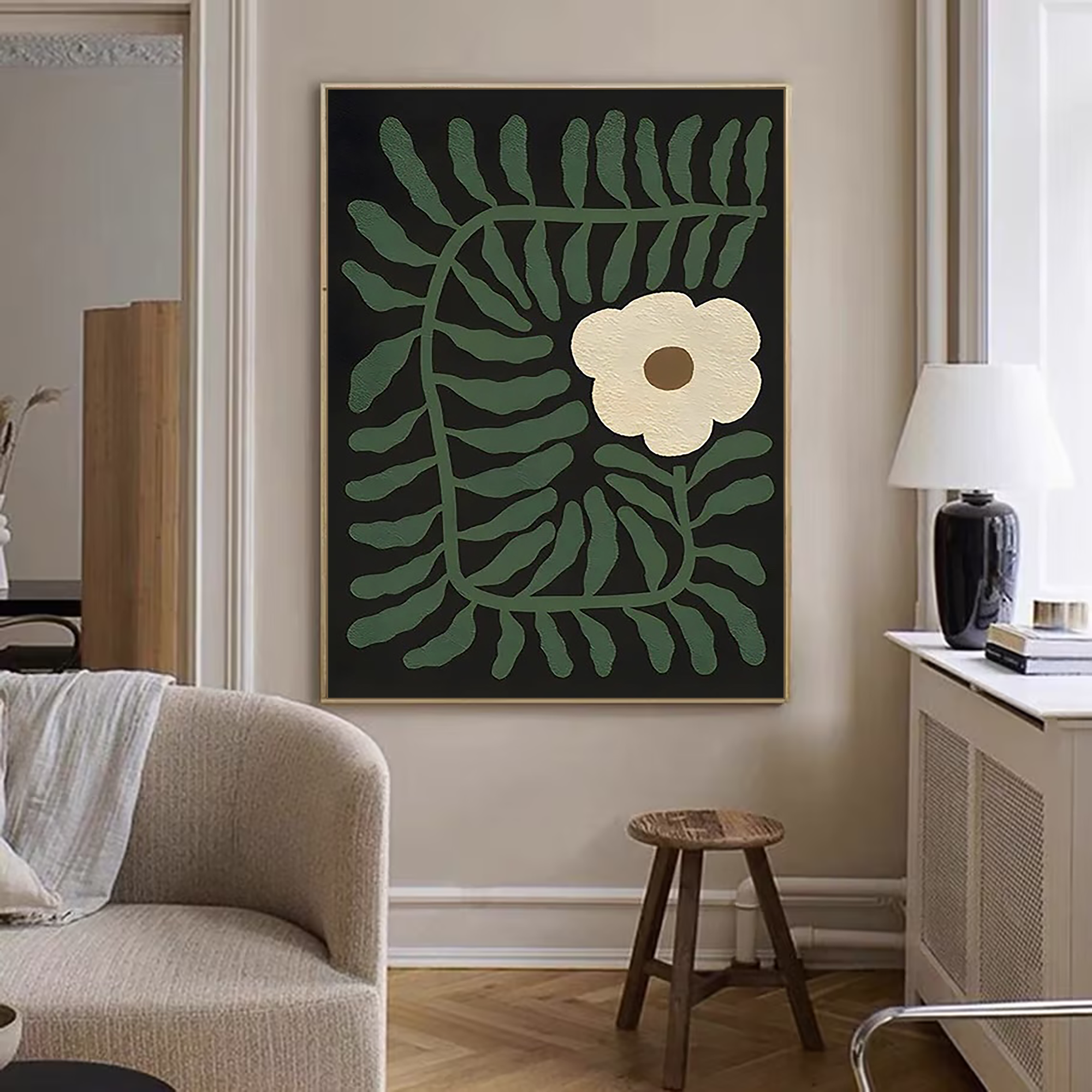 Large Green Minimalist Wall Art,Green White Textured Wall Art,Wabi-Sabi Oil Painting on Canvas,Green Abstract Painting,White Flower Painting