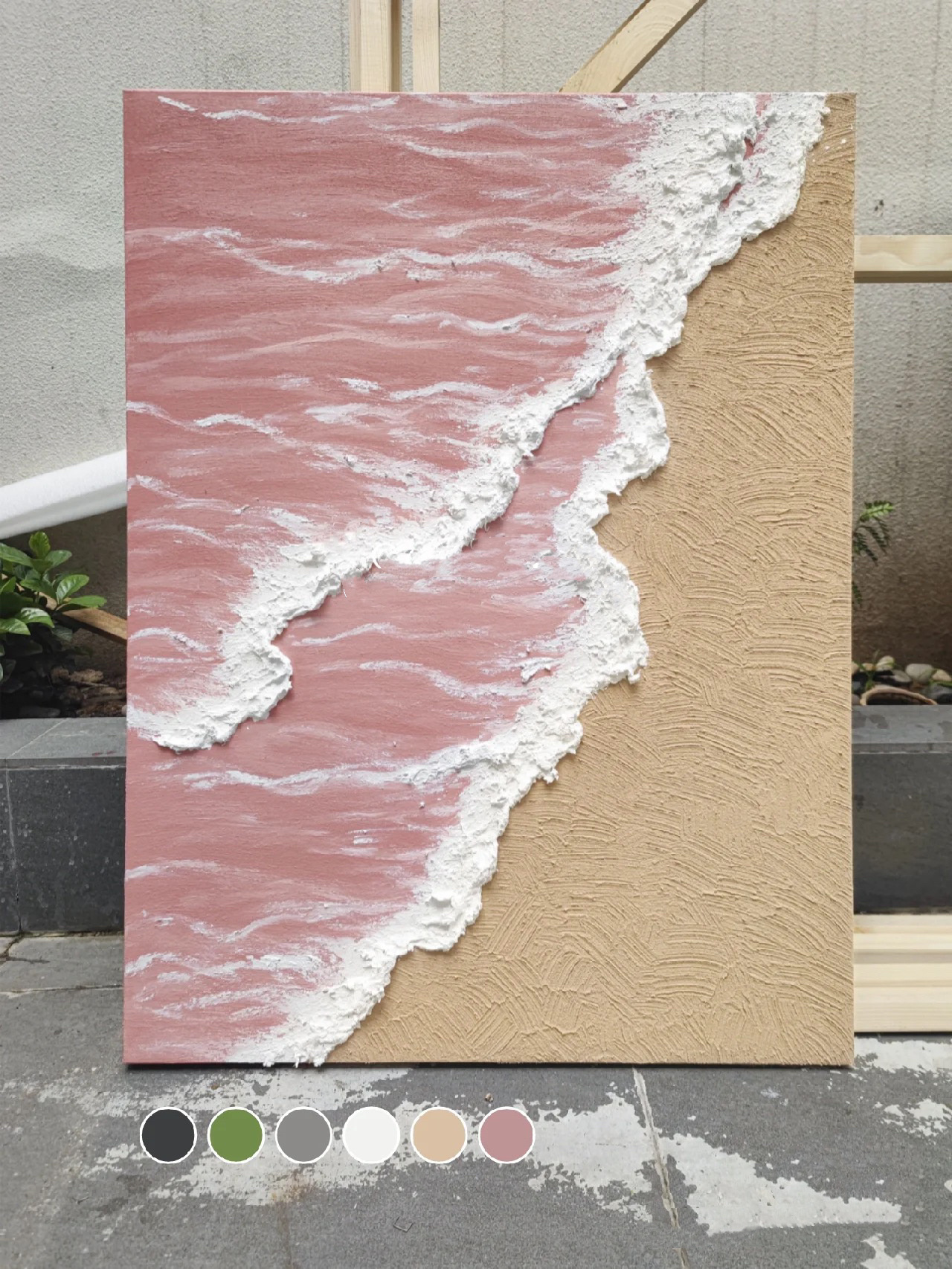 White ocean wave textured landscape painting,Sea beach painting,Pink abstract painting