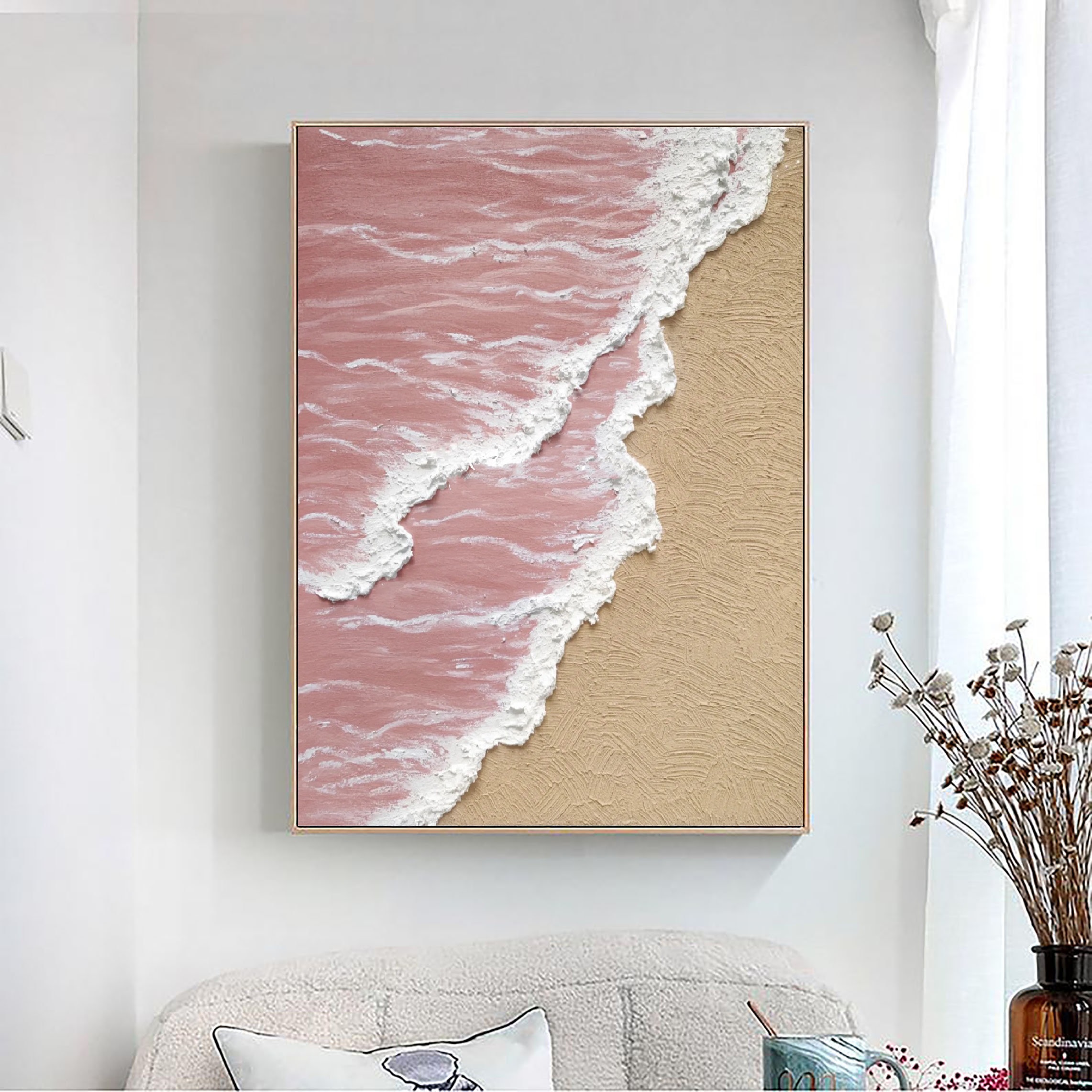 White ocean wave textured landscape painting,Sea beach painting,Pink abstract painting