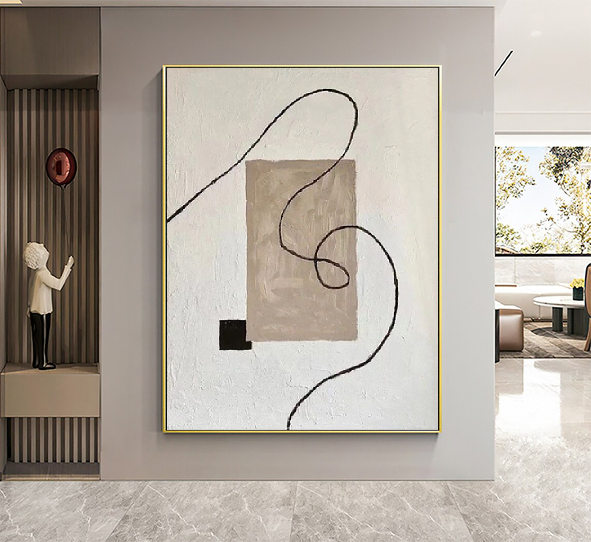 White and Brown Minimalist Painting,Black Texture Wall Art,Abstract Painting on Canvas,Wabi-sabi Abstract Wall Art for Living Room Wall Art