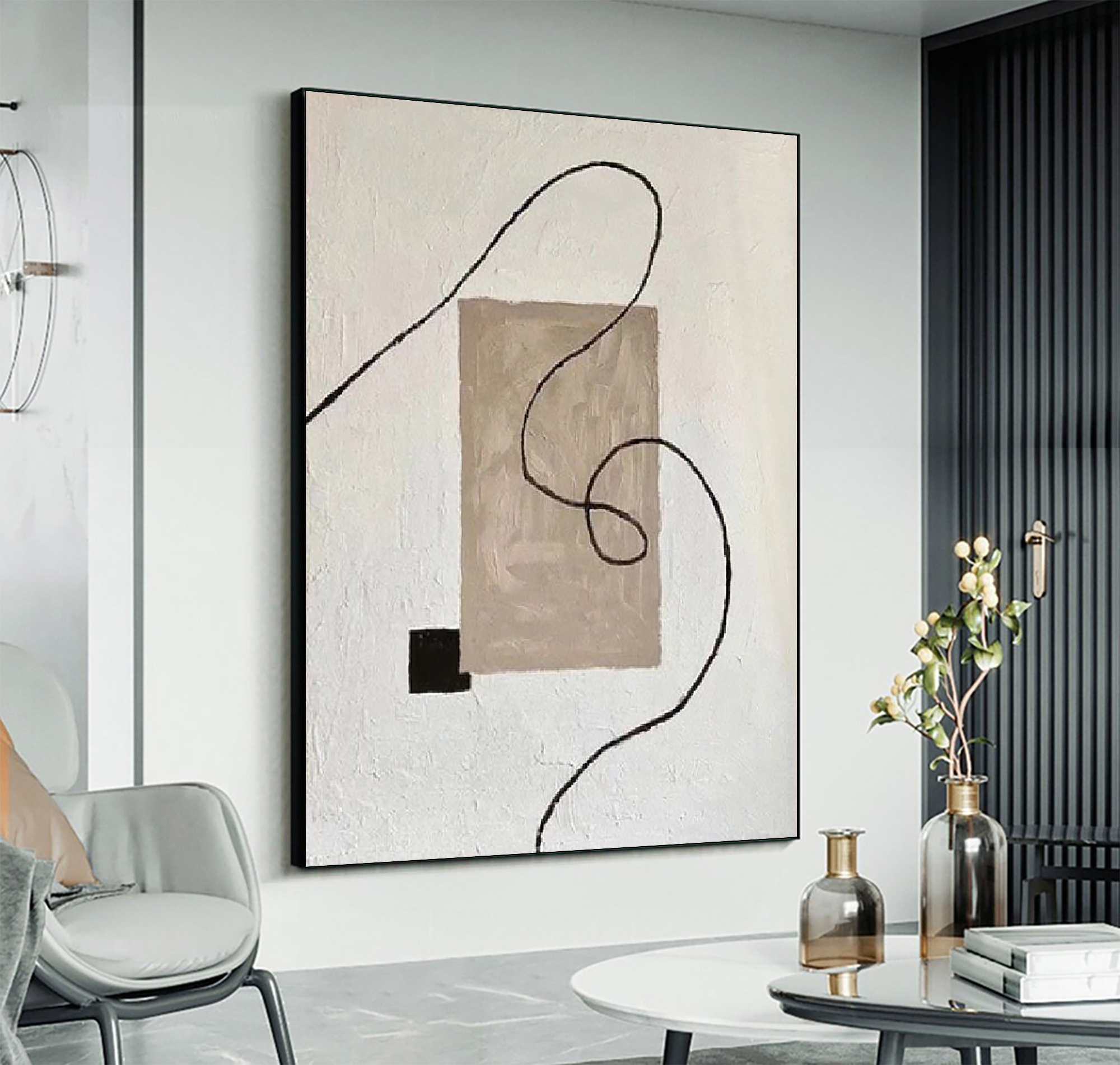 White and Brown Minimalist Painting,Black Texture Wall Art,Abstract Painting on Canvas,Wabi-sabi Abstract Wall Art for Living Room Wall Art