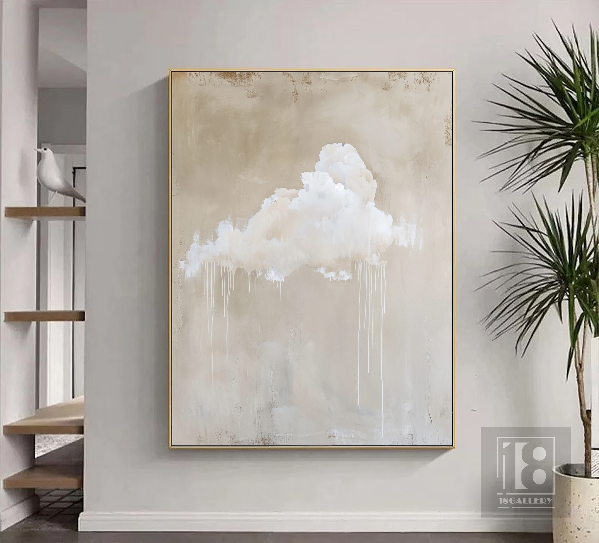 Original white cloud wall art,Neutral beige wall art,abstract art,Minimalist wall art,Indigo art Modern sky wall art,Night sky painting